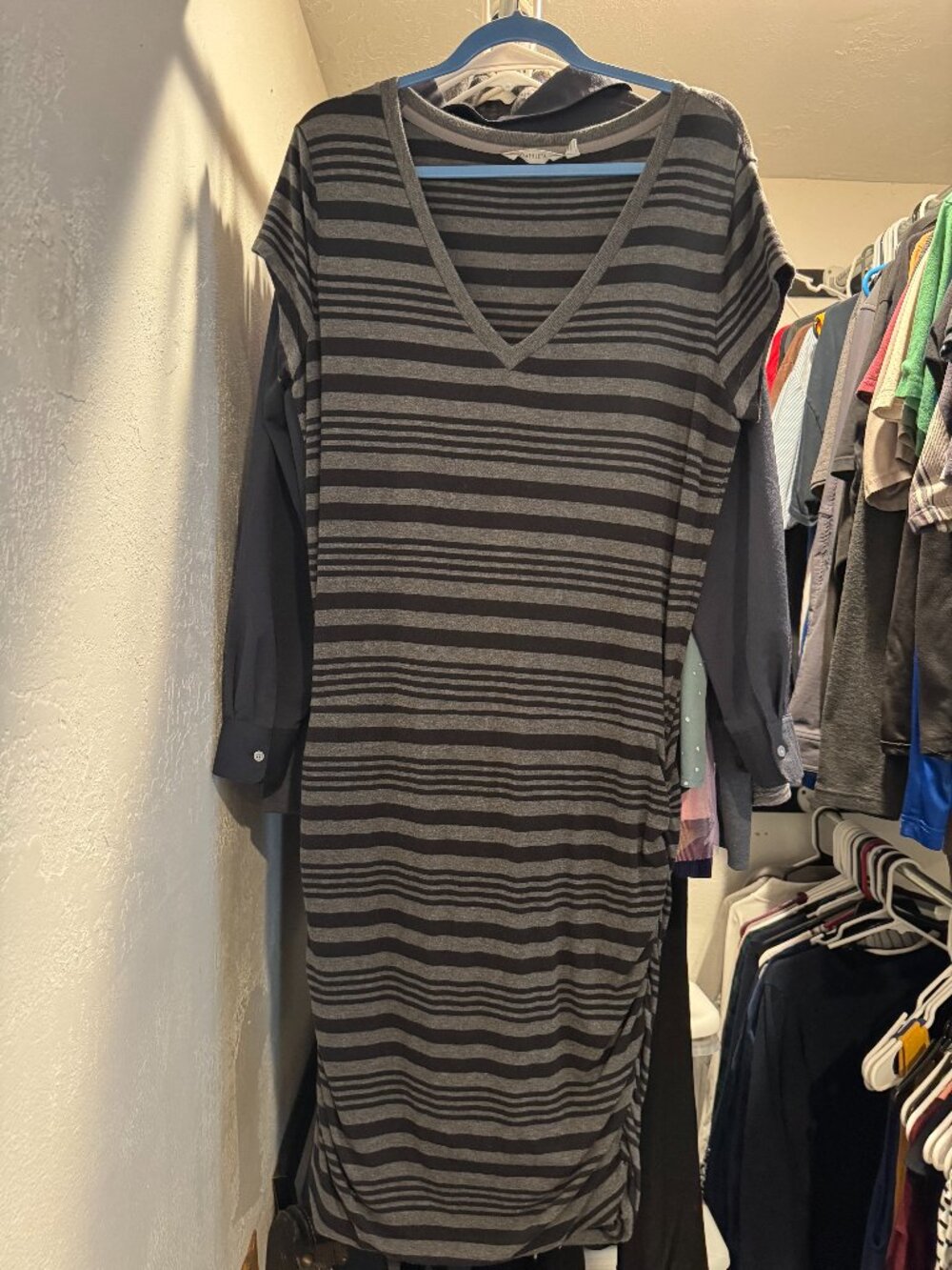 Athleta tee shirt dress; black and grey stripes, XL